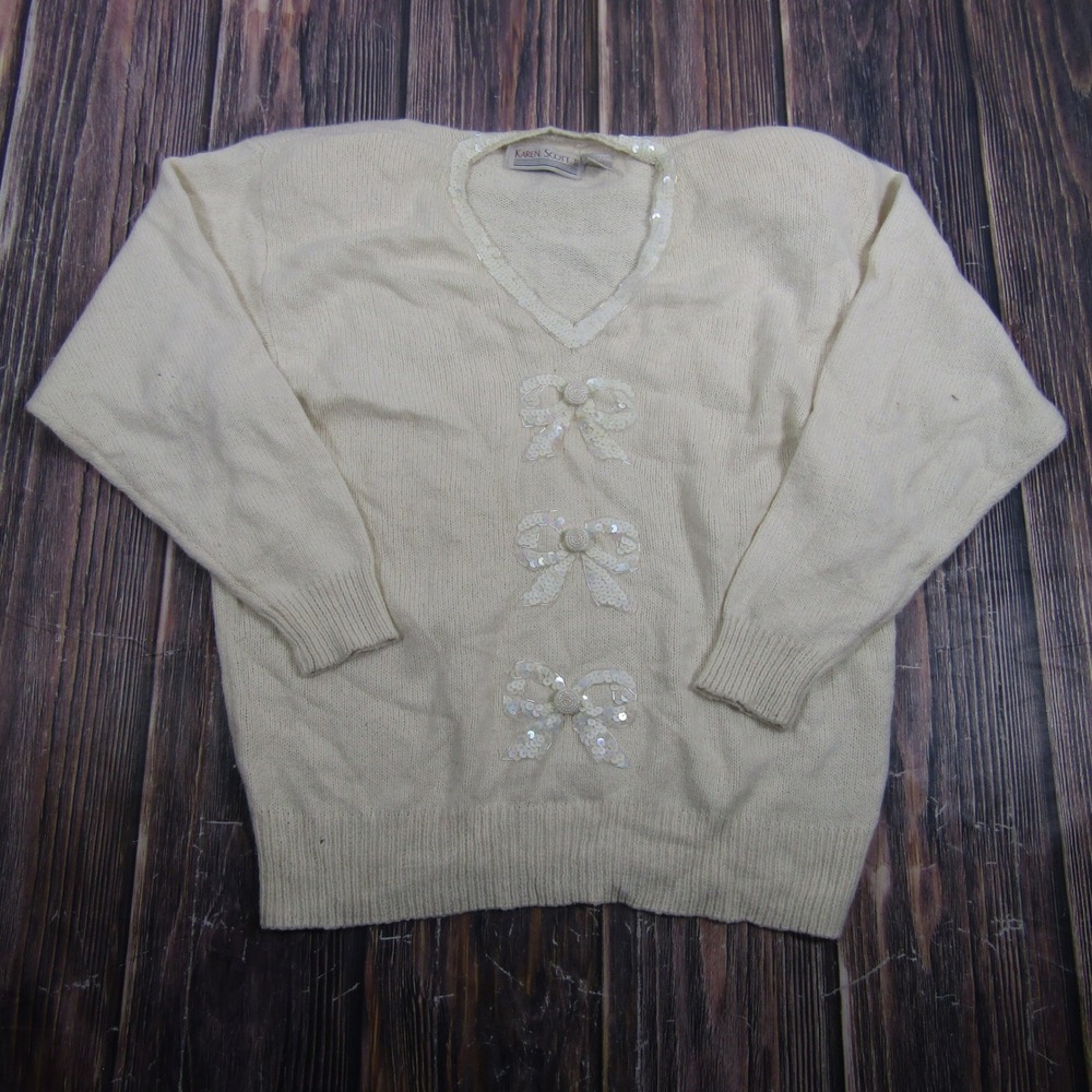 Karen Scott II Sweater Womens 1X Cream Silk Angora Blend Sequin Bows V-Neck